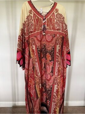 Ethnc Maxi Kaftan - Tassel V-Neck Paisley Print - Size M - NWOT